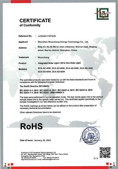 SCA-XZ SS ROHS Certificate SCA-XZ SS ROHS Certificate